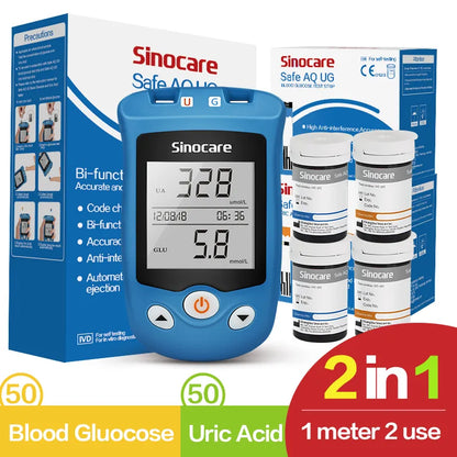 Sinocare AQ UG-Blood Glucose Meter, Uric Acid Test Kit and Glucose Strips