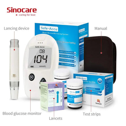 Sinocare Safe-Accu Lecteur de glycémie 50/100 bandelettes de test lancettes