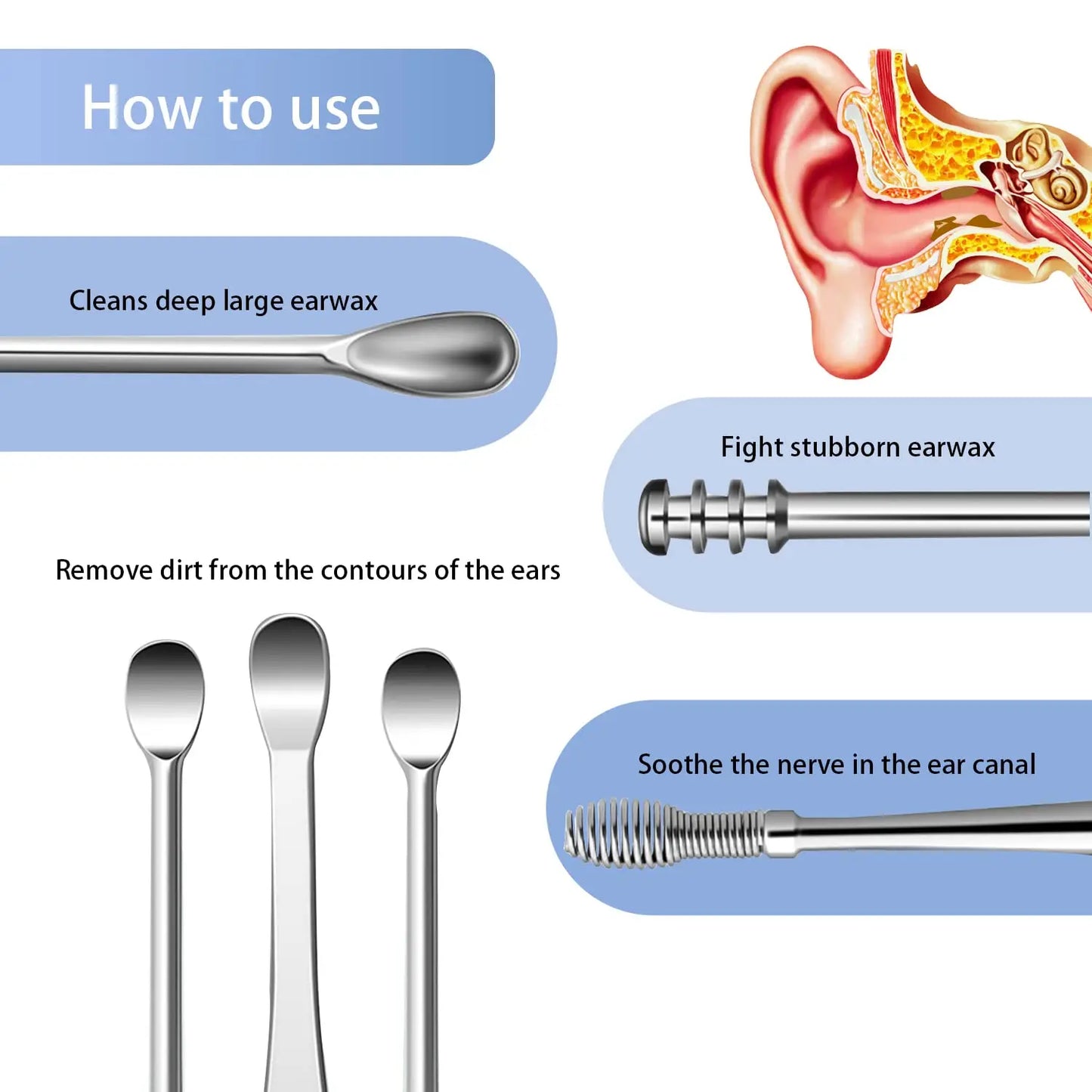 6/10-teiliges Ohrenschmalz-Entfernungsset aus Edelstahl