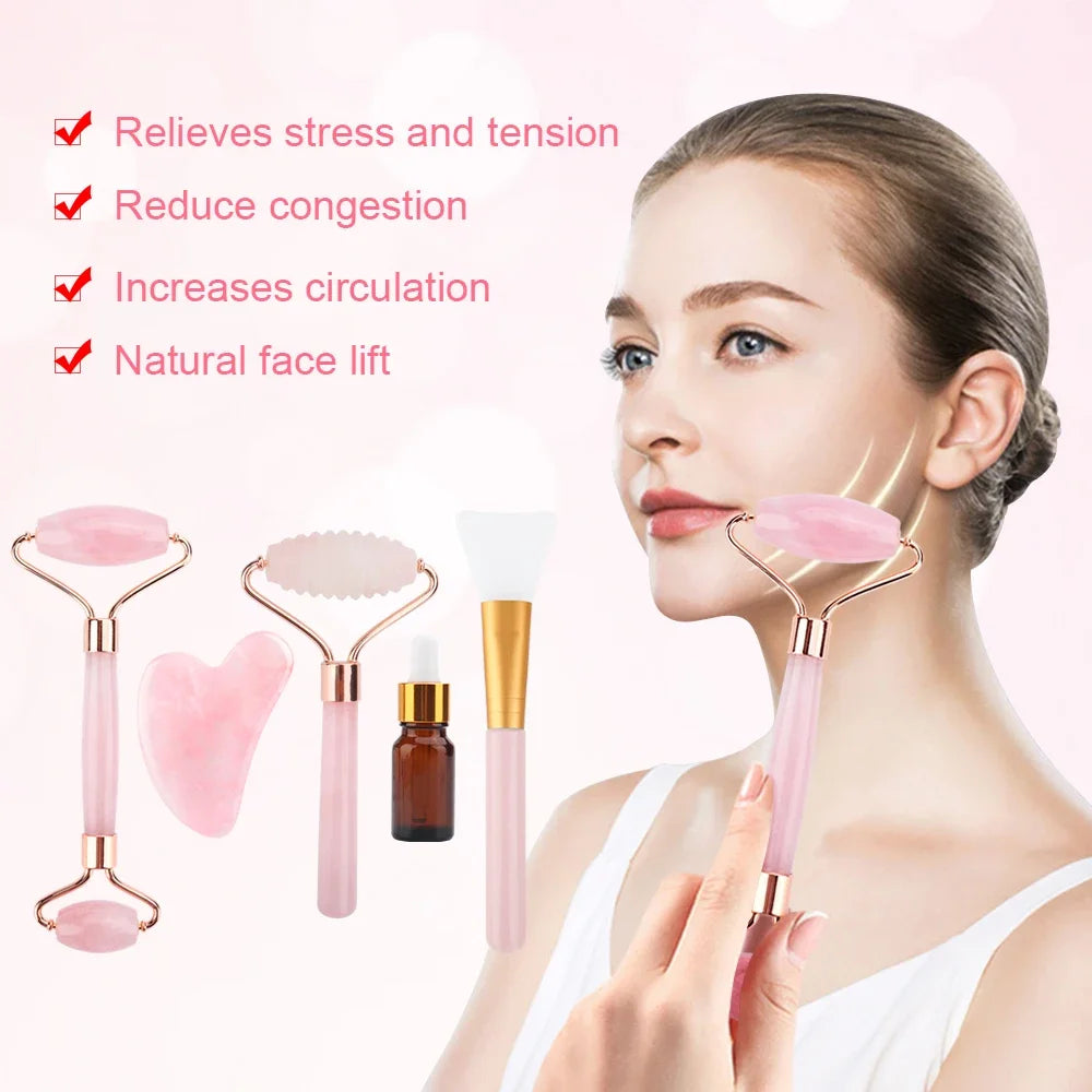 Rose Quartz Facial Massage Roller with Gift Box, 6 in 1