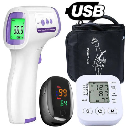 Set of medical equipment, blood pressure monitor, thermometers and oximeters