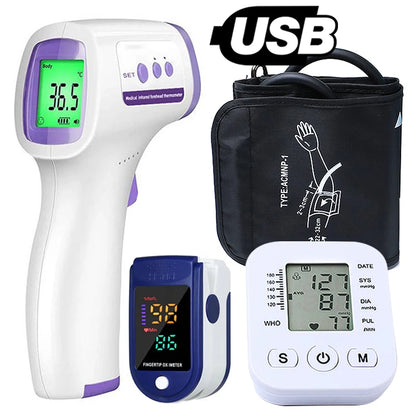 Set of medical equipment, blood pressure monitor, thermometers and oximeters