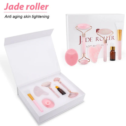 Rose Quartz Facial Massage Roller with Gift Box, 6 in 1