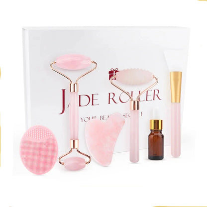 Rose Quartz Facial Massage Roller with Gift Box, 6 in 1